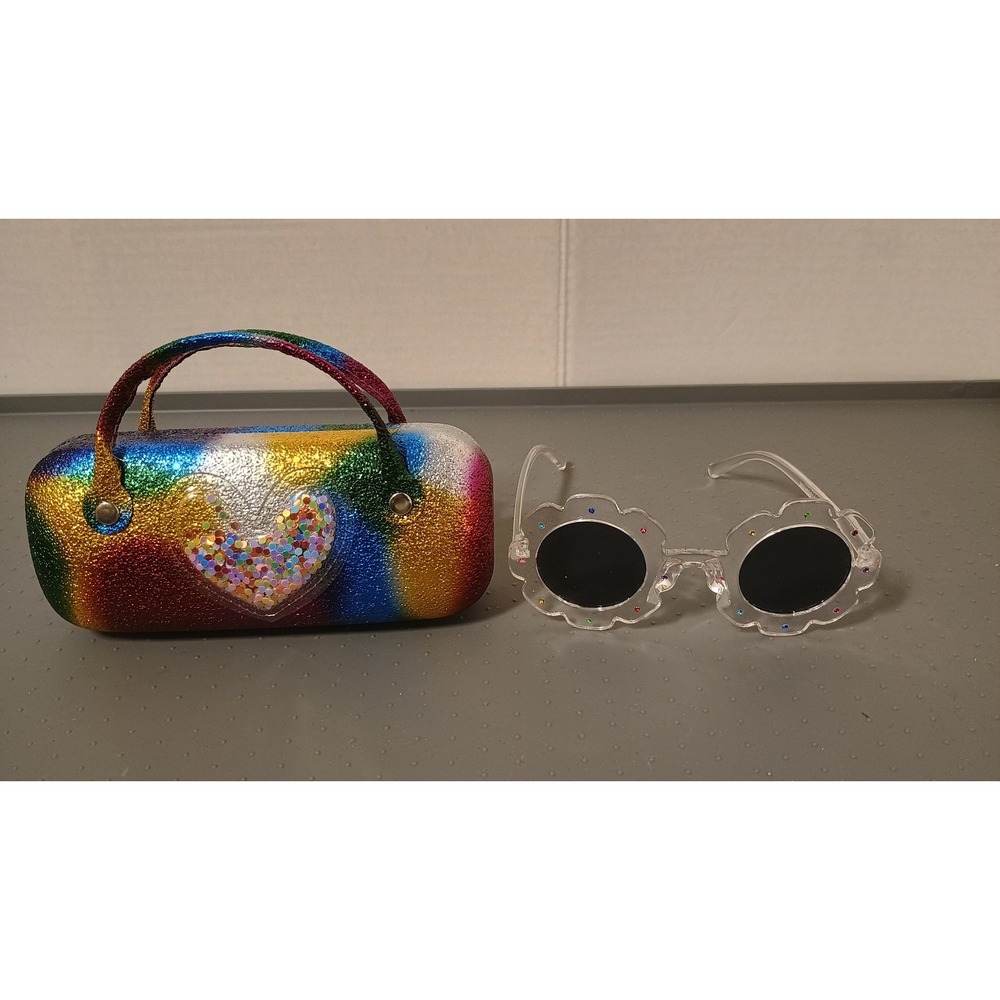 Unbranded Flower Sunglasses Girls One Size Rainbow Excellent Glitter Heart Case